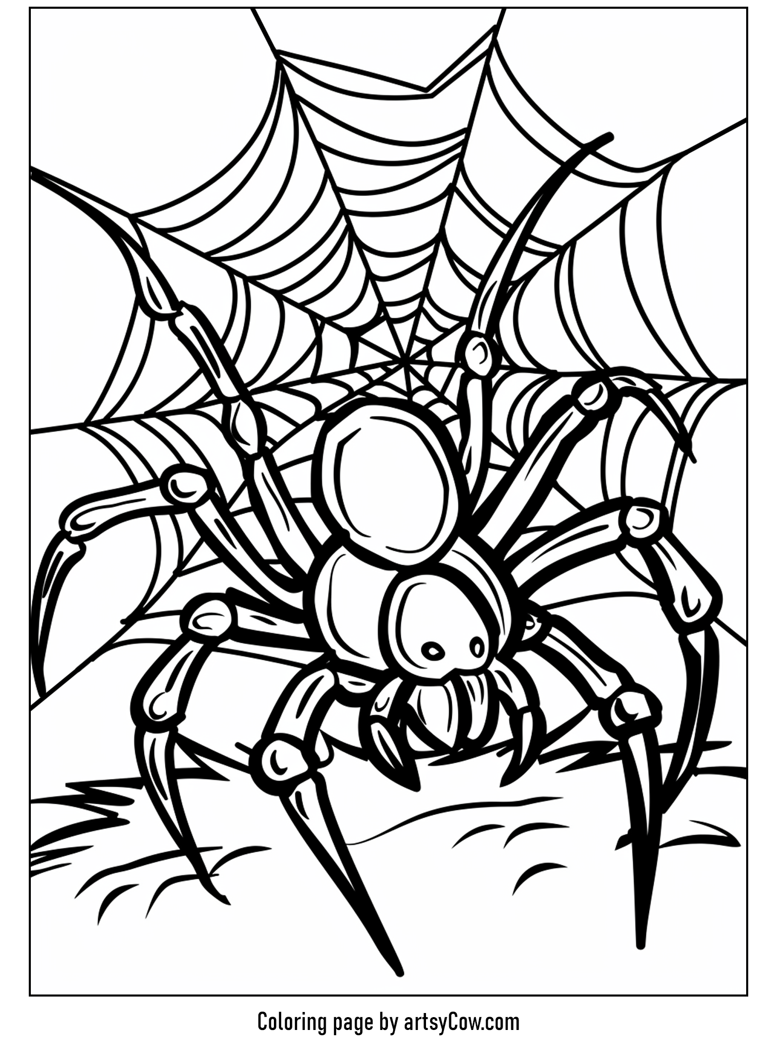 scary halloween coloring pages, showing a spider creating a large web perfectly for coloring in during Halloween.